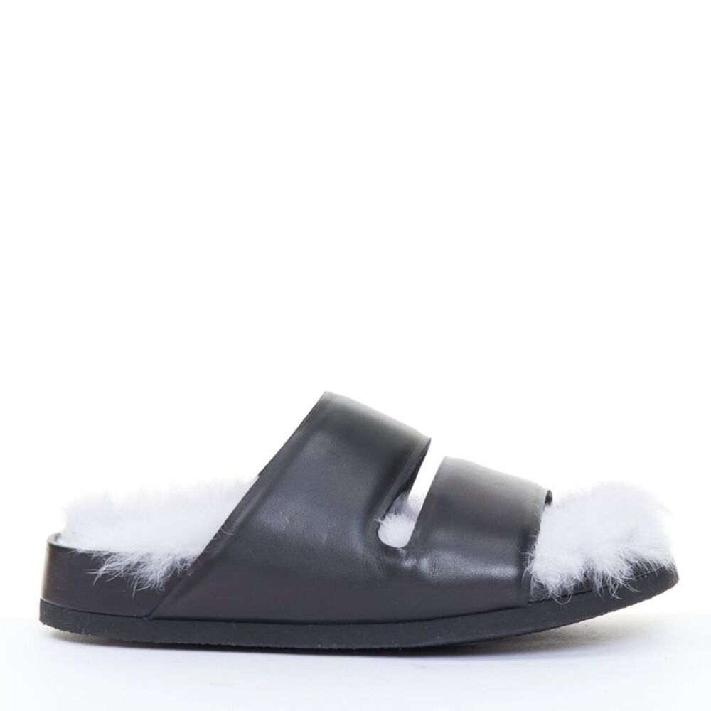 Celine 2013 Runway Black Leather Shearling Slide Sandals
